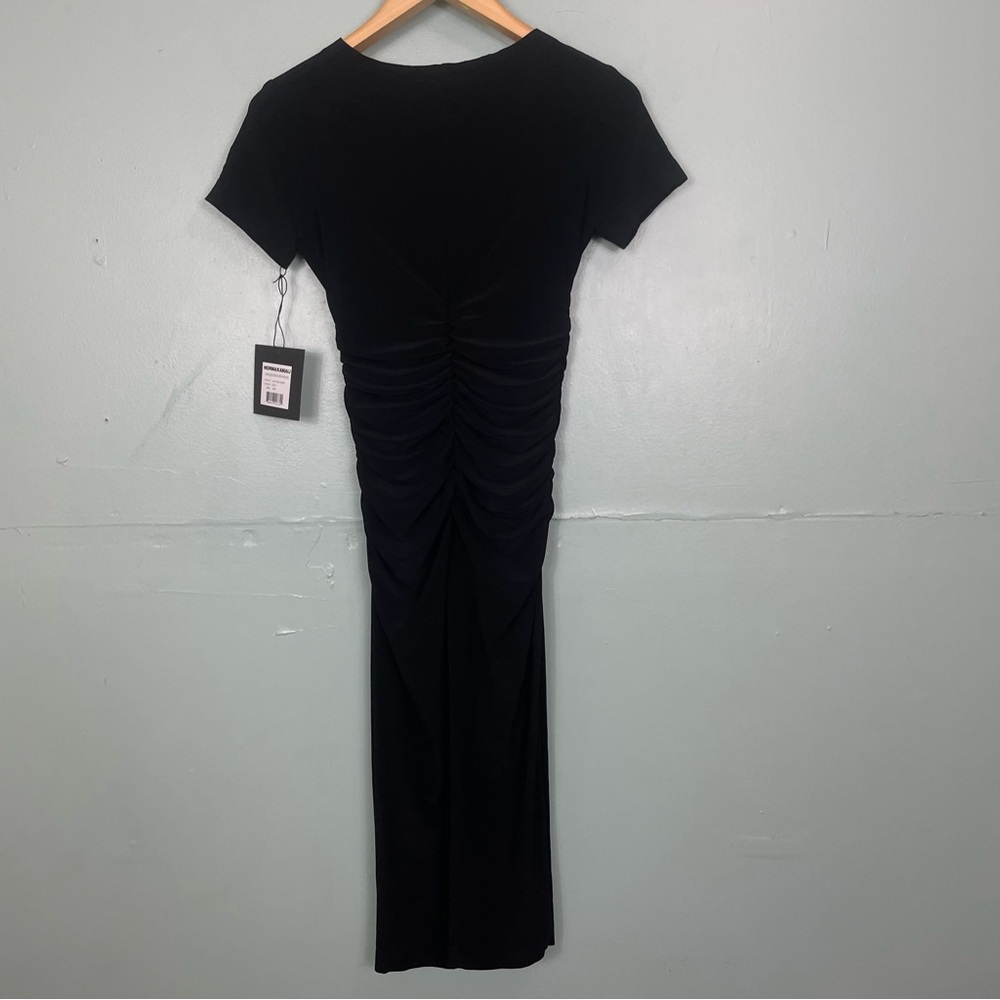 Norma Kamali Short Sleeve Crew Neck Shirred Waist‎ Dress Black Midi Body Con - Picture 8 of 11
